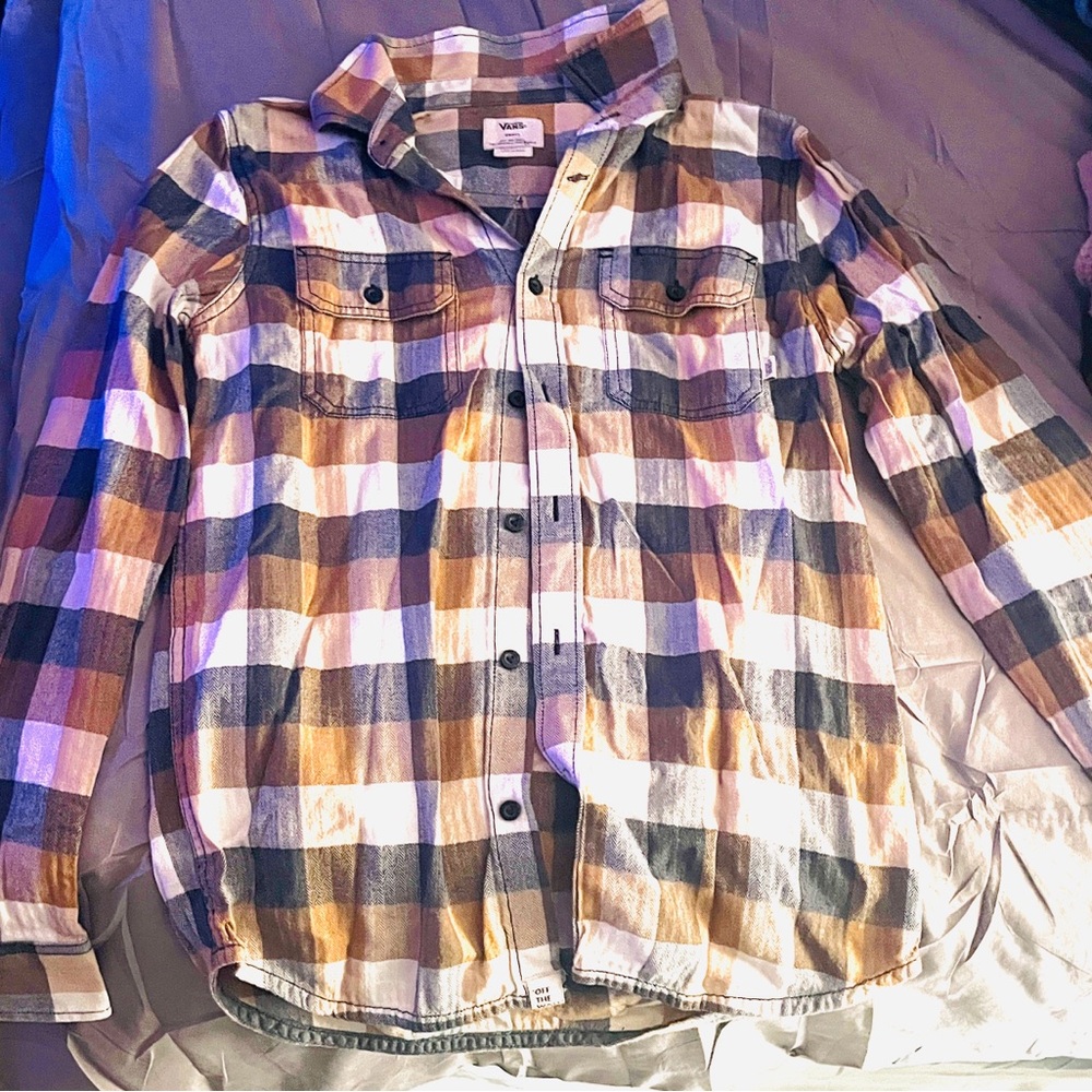 Vans Men's Casual Plaid Shirt - Black, Brown, and White